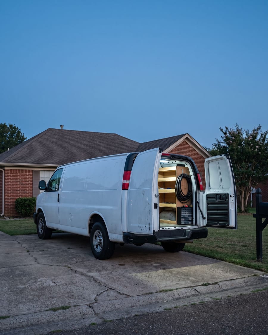 A plain white service van at dusk on the concrete driveway of a brick ranch house, its rear doors open on plywood shelving, a coiled hose and a lit work light.