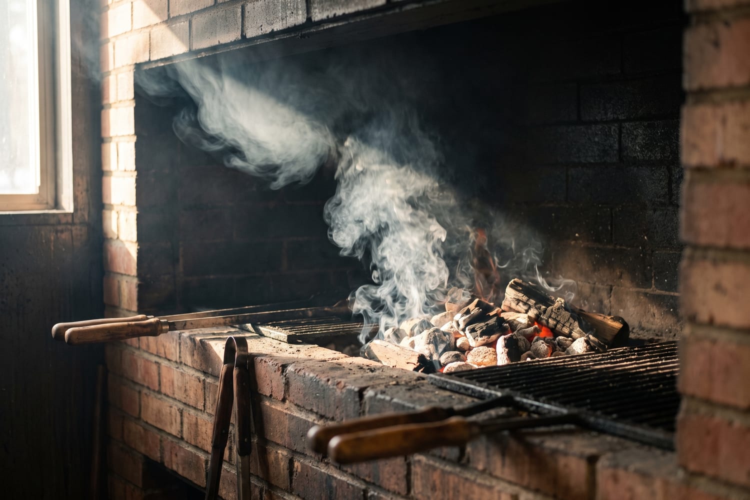 Pale wood smoke curling out of the open mouth of a brick smoker, crossing a hard shaft of low window light, with coals glowing down in the firebox.