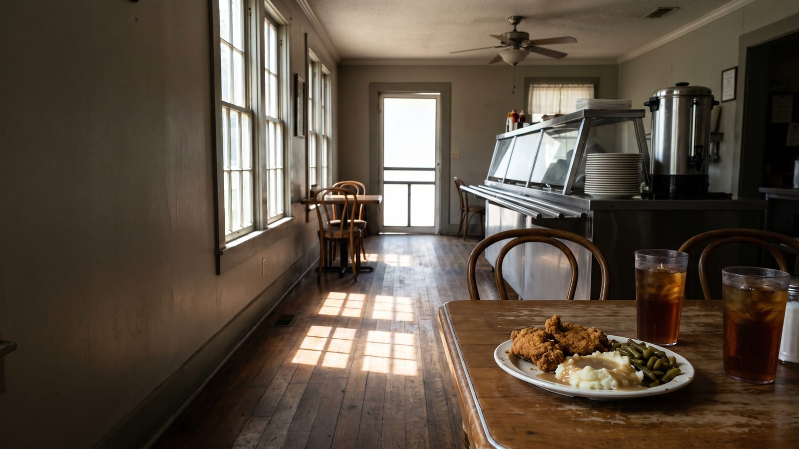 The dining room at midday: tall multi-pane windows down the left wall throwing hard bars of light across a plank floor, bentwood chairs, a steam-table counter and coffee urn at the right, and a plate of fried chicken with two glasses of iced tea on the near table.