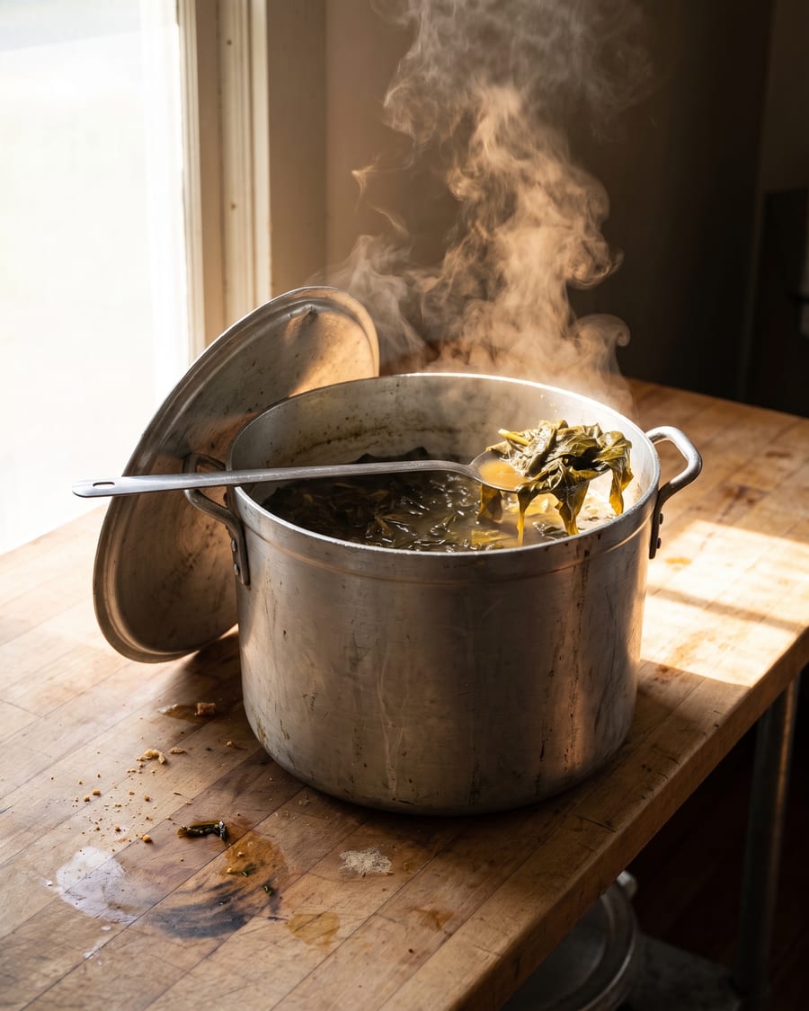 A battered aluminium stockpot of collard greens on a wooden counter, a long steel spoon across the rim with pot likker draining off it, steam rising through a beam of window light.