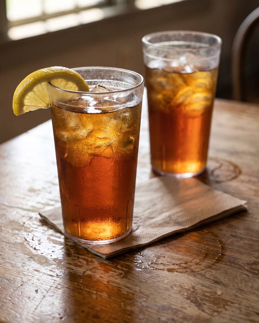 Two mismatched pressed-glass tumblers of iced sweet tea sweating on a scarred wooden table, a lemon wedge on one rim and condensation rings soaked into the wood.